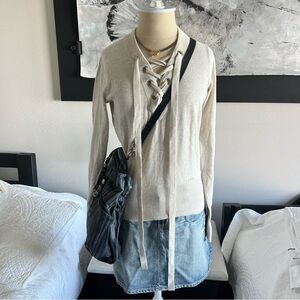 Beige knit Abercrombie & Fitch sweater with criss cross V-neckline